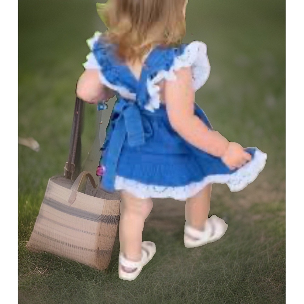 Makena Lane Toddler Size 4 Denim Ruffle Lace Pinafore Twirl Dress Dark Chambray
